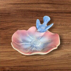 vtg‎ Royal Copley Lotus Trinket/Soap Dish W/Perched Bluebird, dresser bathroom